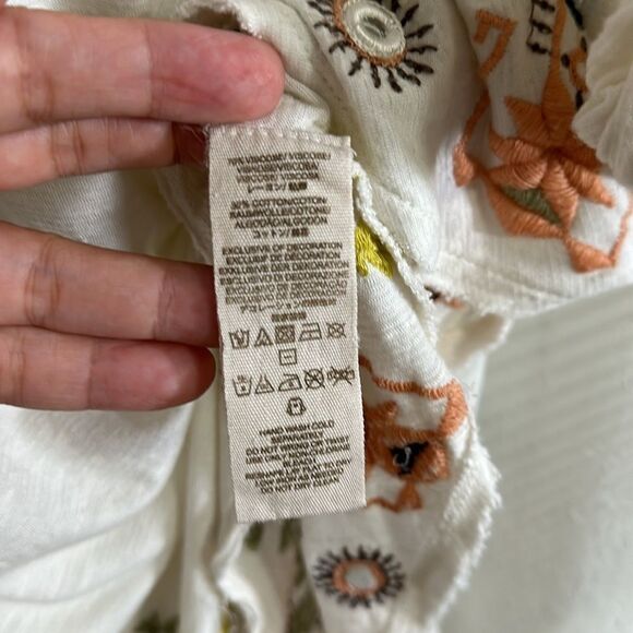 free people L Ivory Navy Peach Green Lace up Oversized Embroidered Peasant Top - Picture 11 of 14